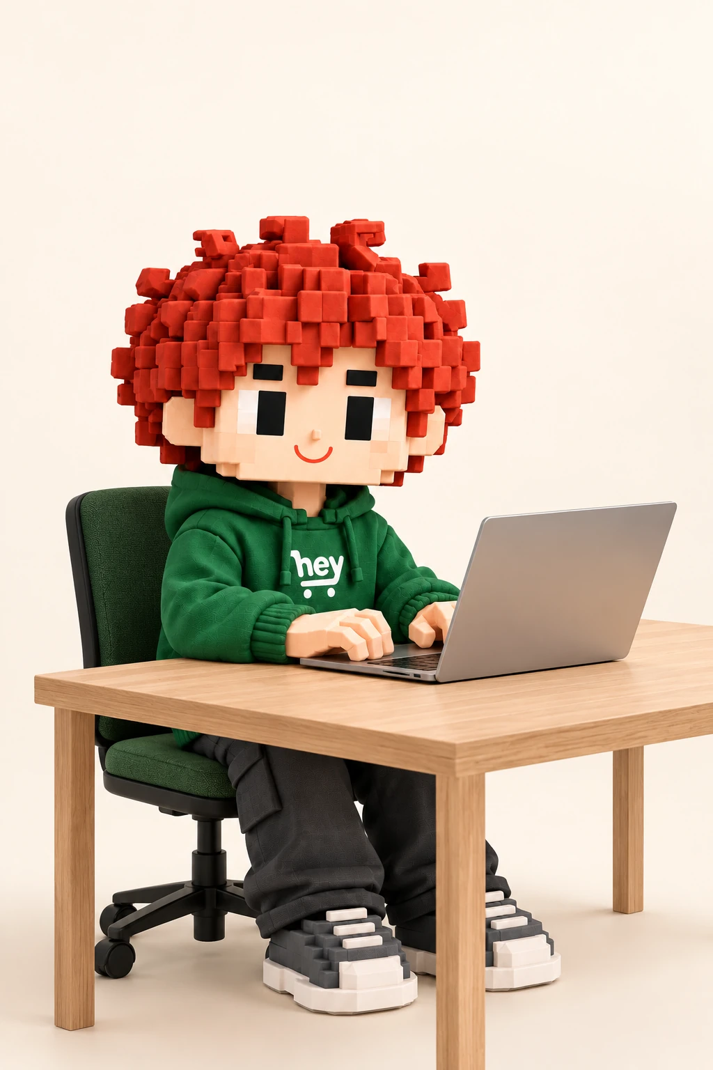The HeyStore AI mascot is working at a laptop.